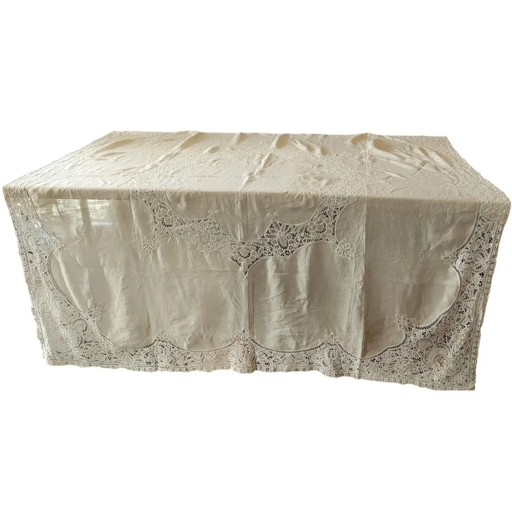 Vintage Irish Battenberg Lace Tablecloth and Six Napkins Set Cotton 56x59 Inches